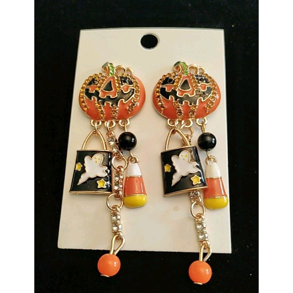 Halloween Pumpkin Dangle Earrings With Candy Corn & Ghost Trick Or Treat Bag